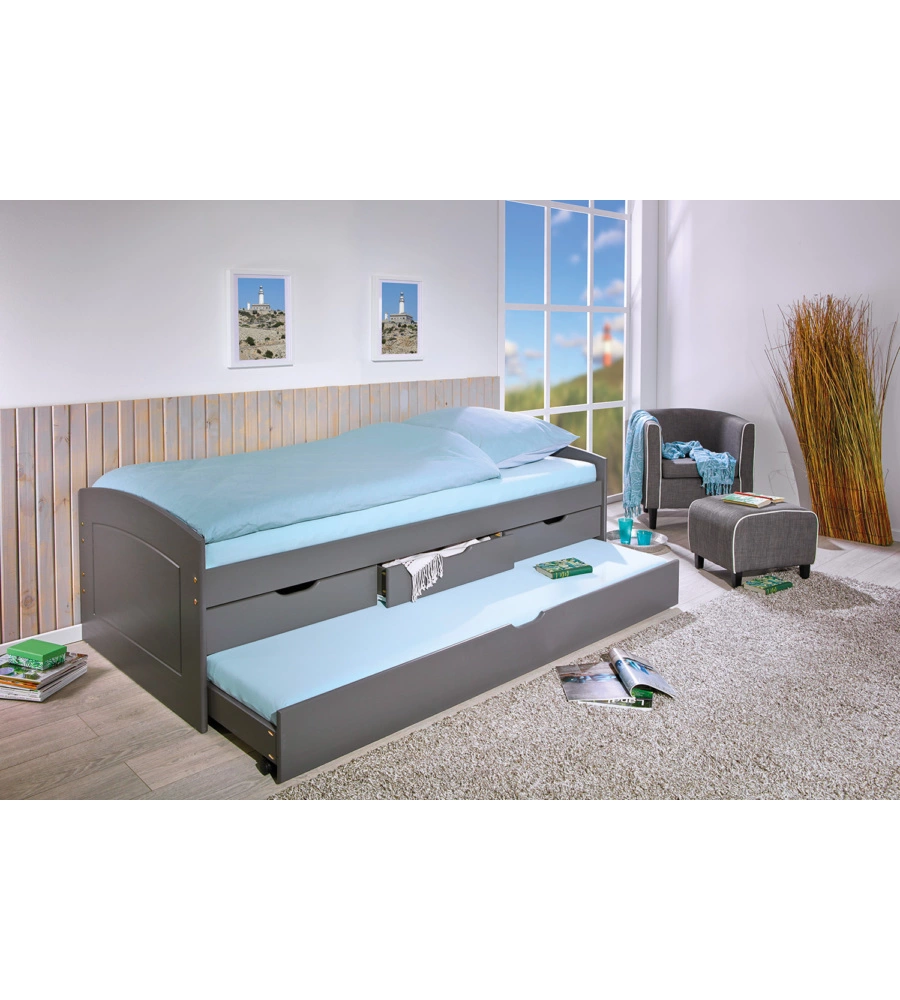 Letto singolo con 3 cassetti e letto estraibile in pino grigio, 90x200 cm